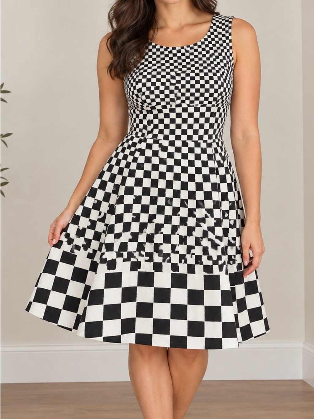 Black & White Checkered Sleeveless Fit-and-Flare Dress